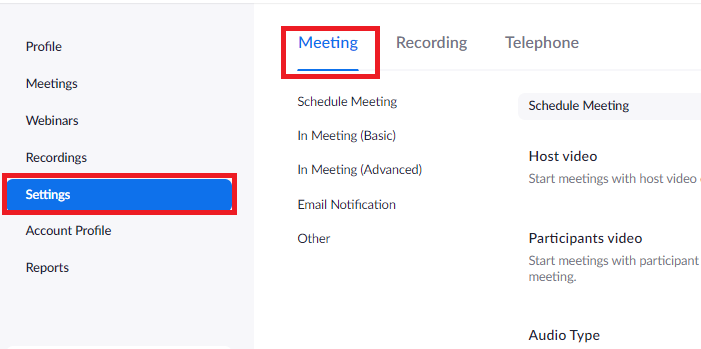 settings in meeting