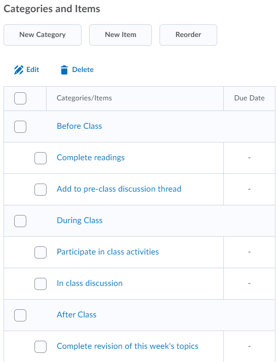 Creating Checklists Before During and After Class Example