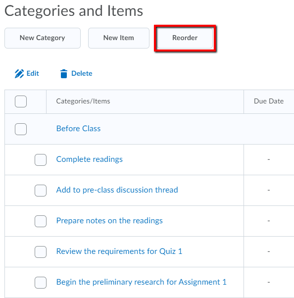 Creating a Checklist Step 5.1 Reorder Screenshot