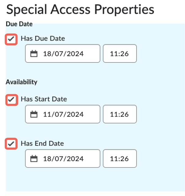 Select options to modify special access properties