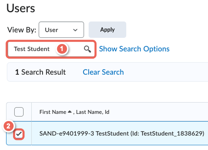 scroll to users search for users tick to select student
