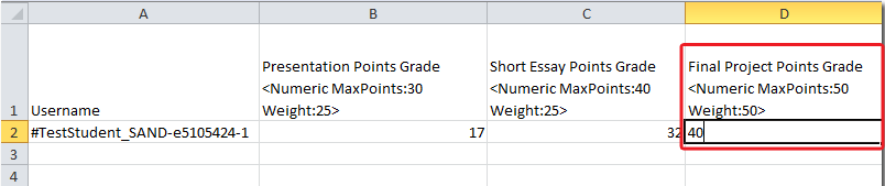 Column in excel spreadshet entitled Final Project Points Grade highlighted, with example mark of 40 below it. 