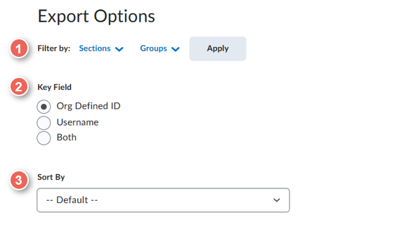 select export options filter fields and sort order