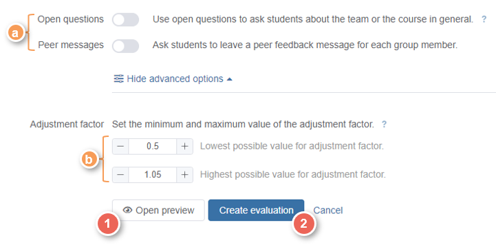 optional options preview and create evaluation