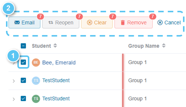 tick on student name to manage student feedback