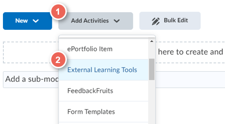from add activities select external learning tools