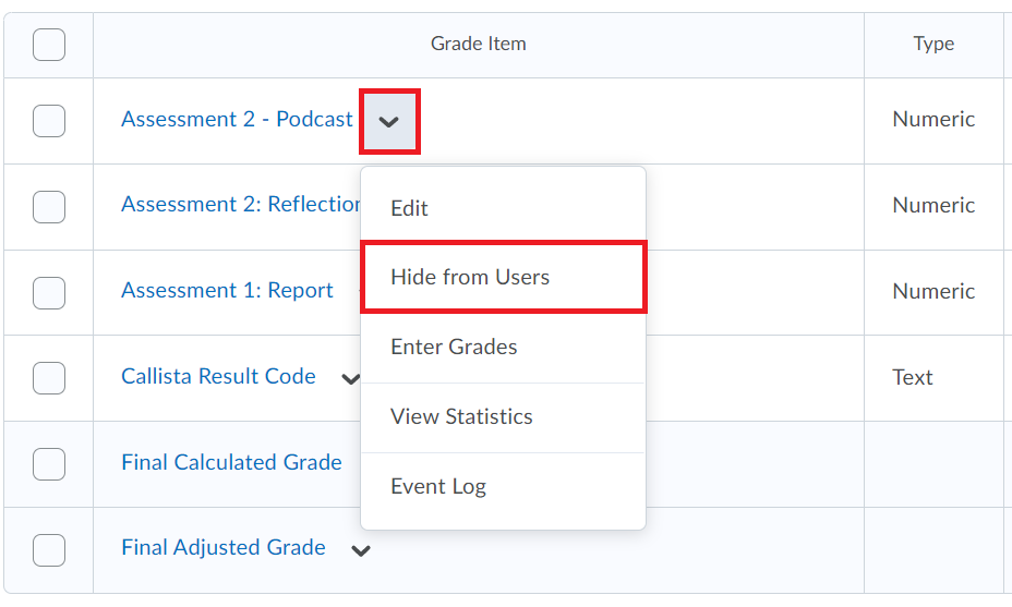 Hide Grade Item from drop down list