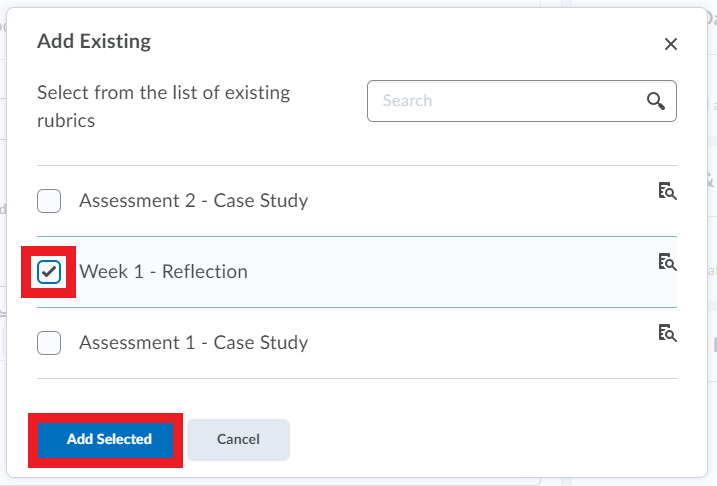 Tick the rubric and select Add Selectedpng