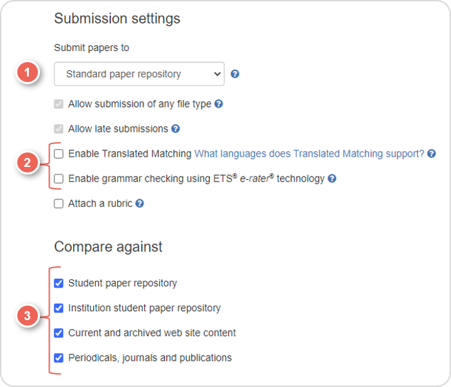 submission settings and compare against