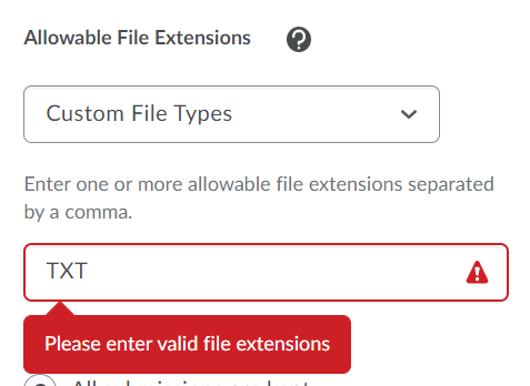 Dropbox custom file types with error message