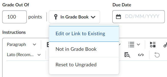 in gradebook edit or link to existing