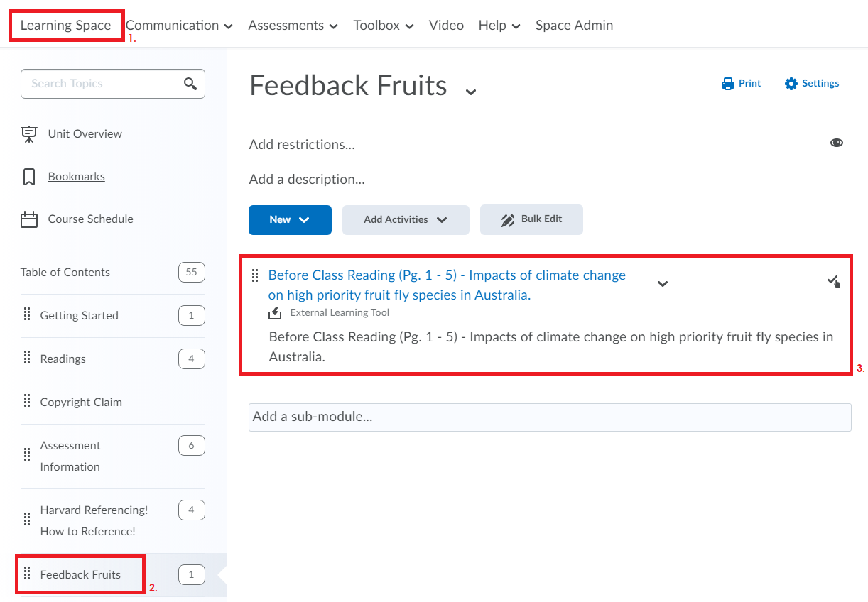 Find and open your Feedback Fruits activity in your Space