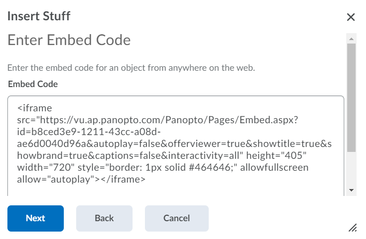 Paste the embed code then select insert