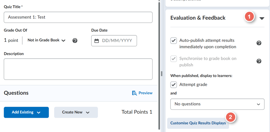 from evaluation and feedback select customise quiz results display
