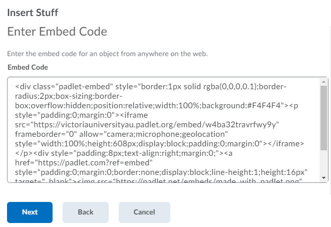 paste your embed code into the text box, then click insert