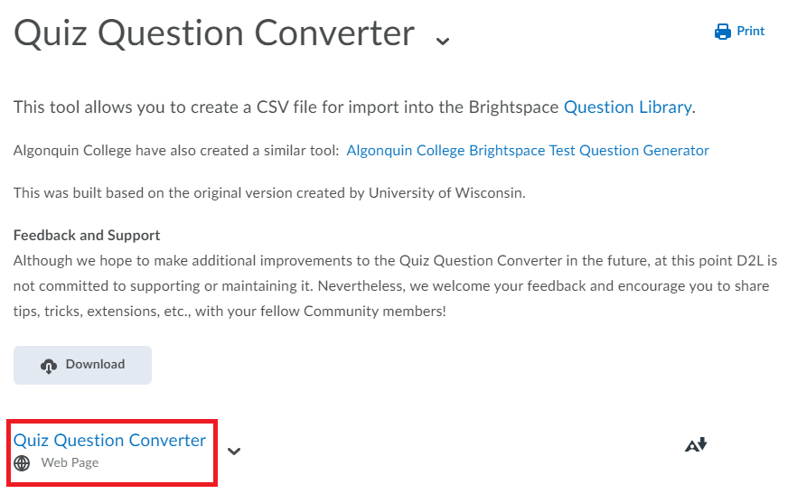 Quiz Converter Module from Learning Space Select Quiz Converter Title