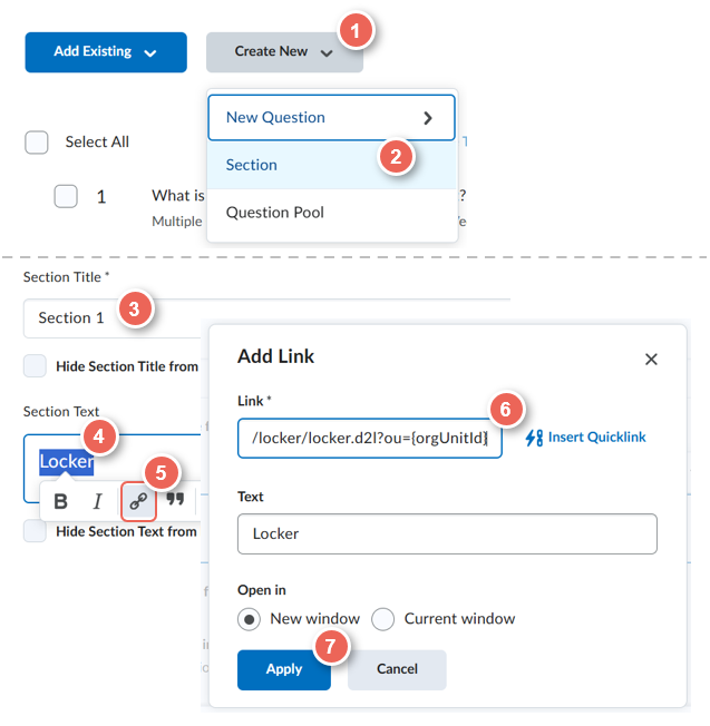 create section in a quiz