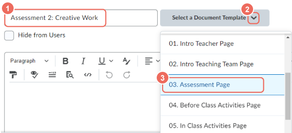 Select document template assessment page