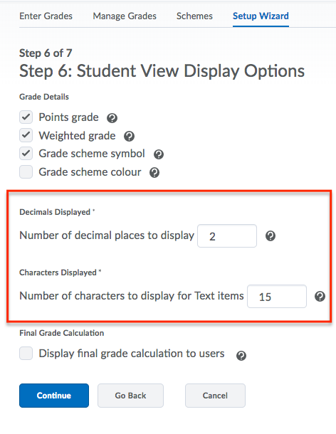 display options for grades