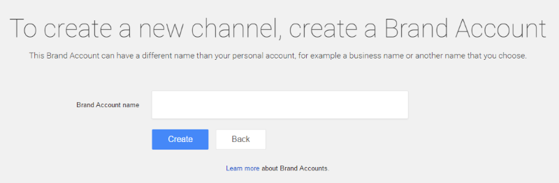 Menu to create a new brand account with field for Brand Account name.