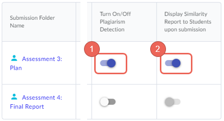 For each assessment dropbox, turn on the originality check and option to display report to students