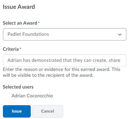 enter details then issue the award
