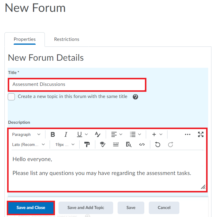 Create Discussion Forum and Topic