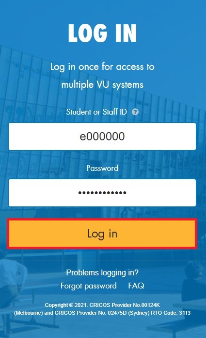 Log into VU with your Staff ID and Password and then select Log In Copy