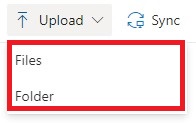 Selecting the Upload dropdown arrow will allow you to select Files or Folder