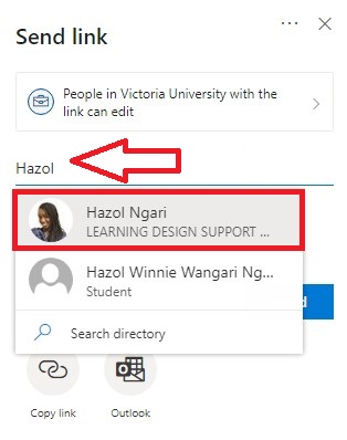 Start typing the name of the person you would like to share the file or folder with and a list of VU people will appear within the search bar