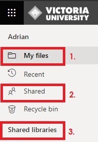There are three sections of OneDrive you should be aware of My Files, Shared and Shared Libraries