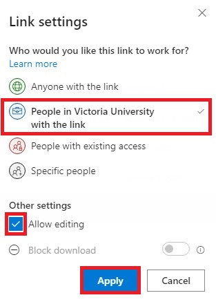 You can also select People in Victoria University with the link to allow access to staff and students within VU to access this file instead.