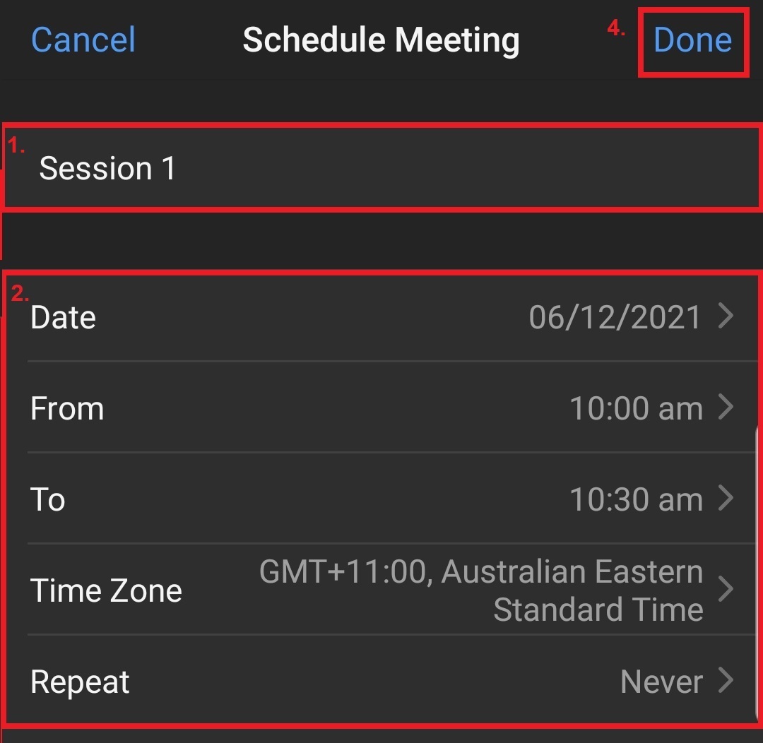Add a Session Title and fix settings accordingly then select Done
