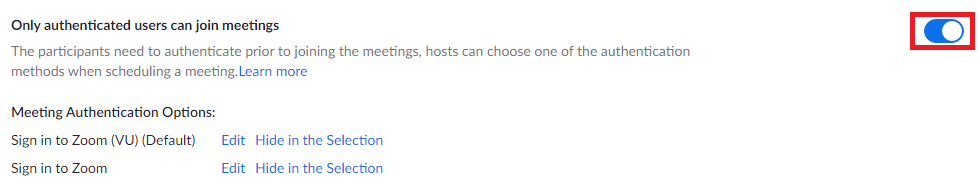 Go to your Zoom Profile Settings and enable the following setting by turning on the authenticated switch