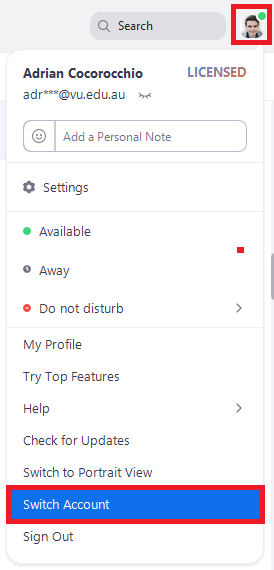 Students can switch accounts by selecting Switch Accounts in their Zoom App by selecting their avatar on the top right