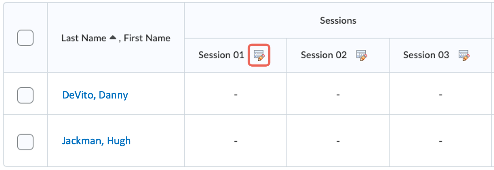 select a session to enter attendance data