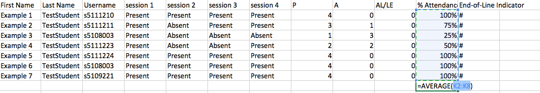 Recording Attendance Average Percentage