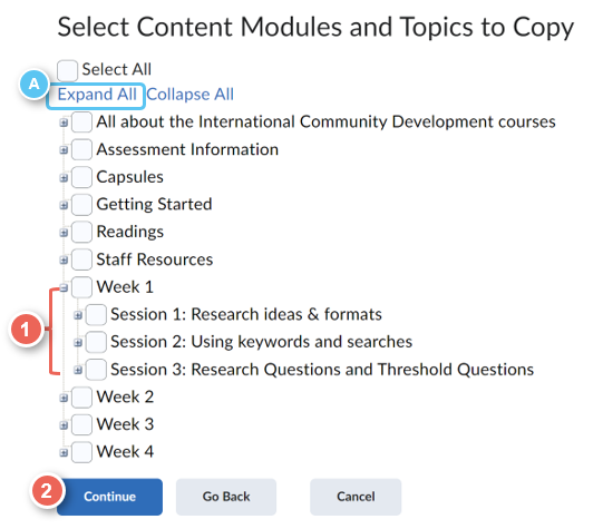 select modules topics to copy