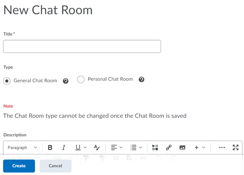 Enter new chat room details to create a chat room