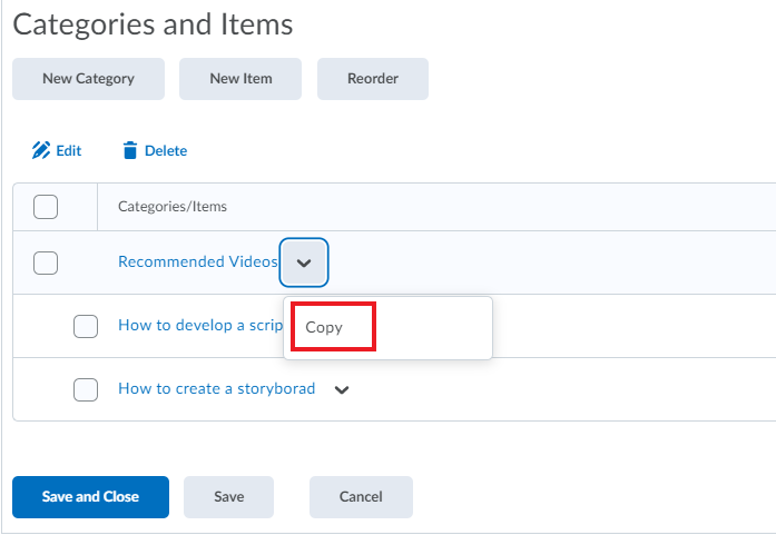 Copy categories and Items