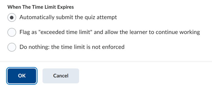 timing options on quiz time limit end