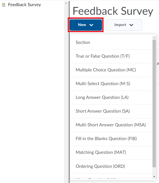 Select new and select type of question to add 