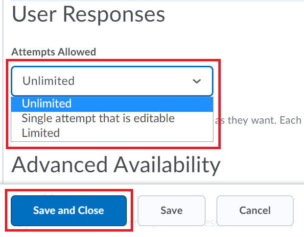User responses select save and close