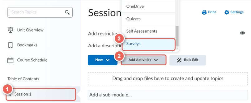 in a module select add activties then survey