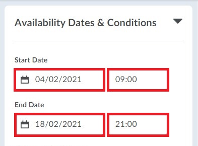 New Dropbox Layout Select Availability Dates Conditions to select the Start End Date of the assessment