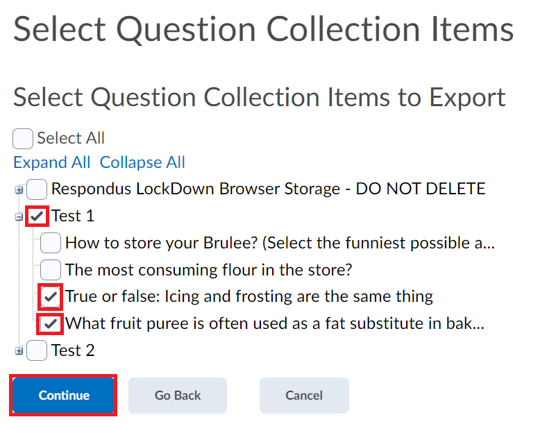 screen 5 select question library items to exported