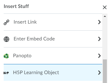 Screenshot showing the insert stuff h5p option from the dropdown menu