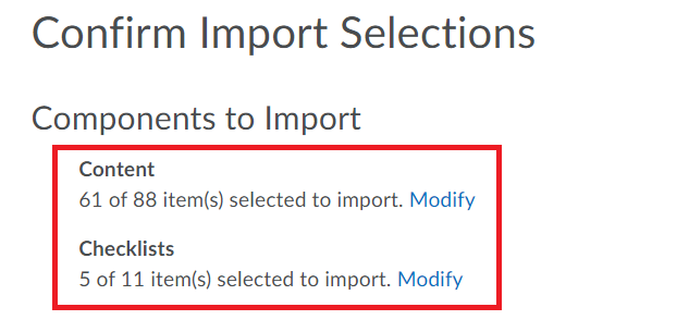screen 10 Comfirm import sections