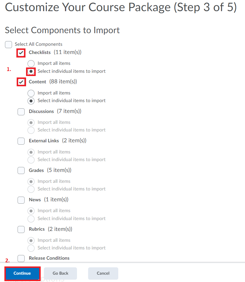 screen 8 importing selected components