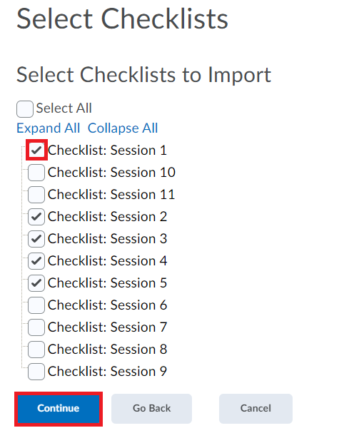 screen 9 select checklist to import